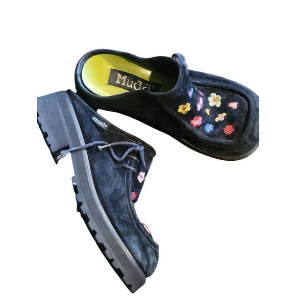 Vintage Y2K Mudd Clogs Women's 8 Black Embroidered Floral Bug Chunky Leather - Picture 2 of 7